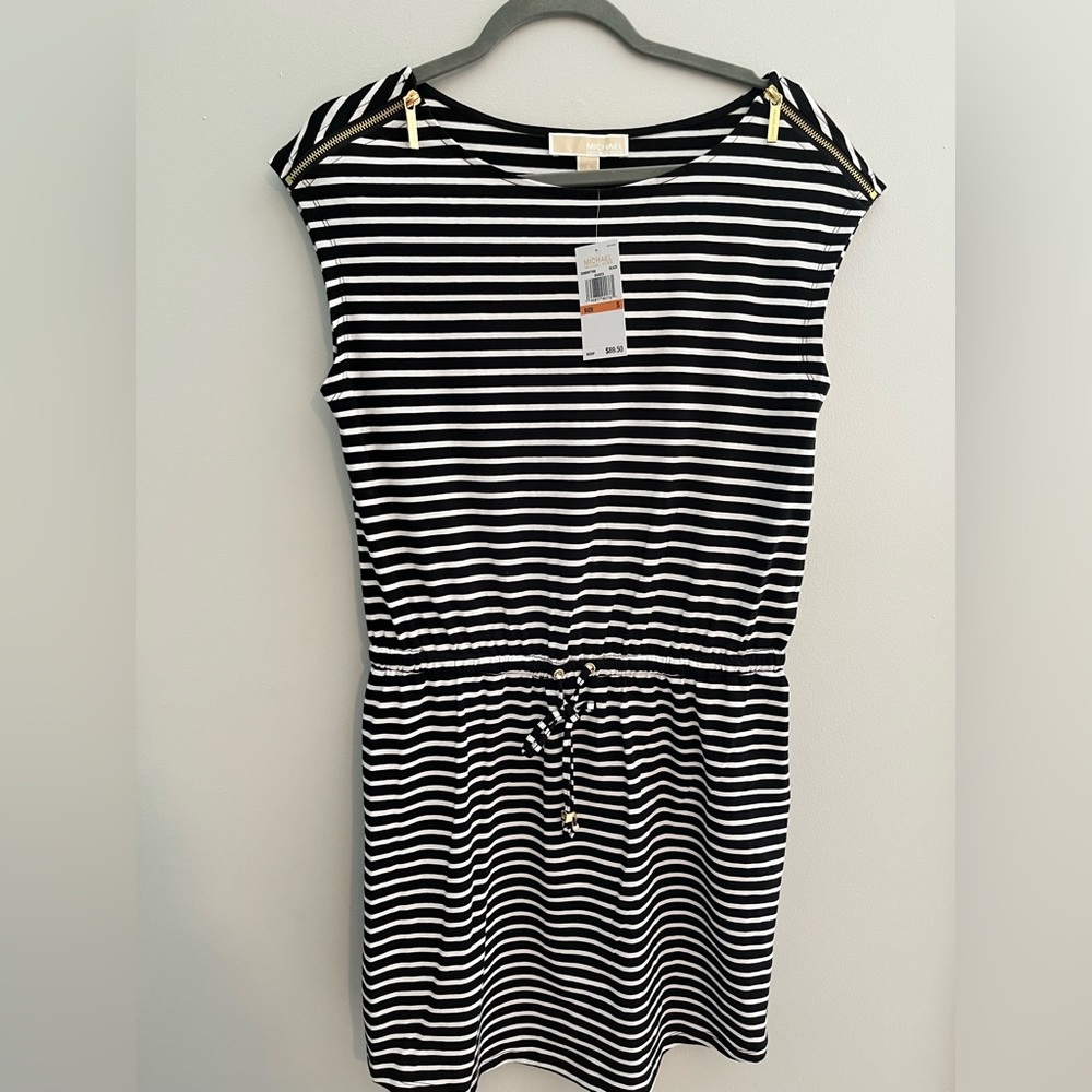Michael Kors Black and White Zipper Sleeveless Striped Dress